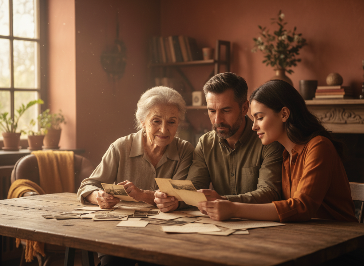 Warm, intimate documentary-style photograph of three generations of a family sitting close together, sharing old photographs and letters at a wooden table, soft golden hour light, terracotta and amber tones, tender genuine emotion, shallow depth of field, cinematic and sophisticated