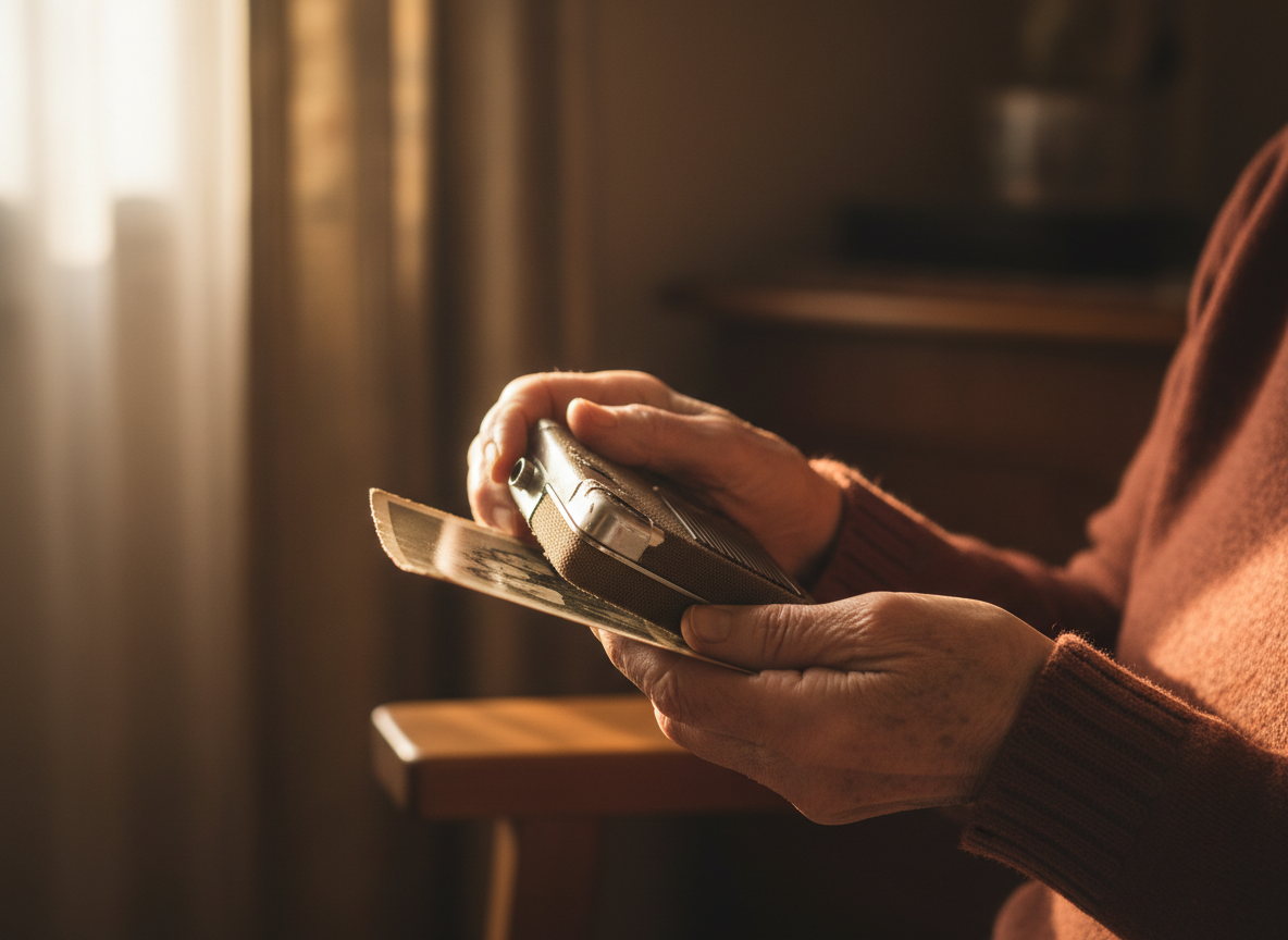 A warm, intimate documentary-style photograph of an older woman's hands holding a small vintage audio recorder or worn family photograph, soft golden window light, shallow depth of field, deep brown and amber tones, nostalgic and human mood