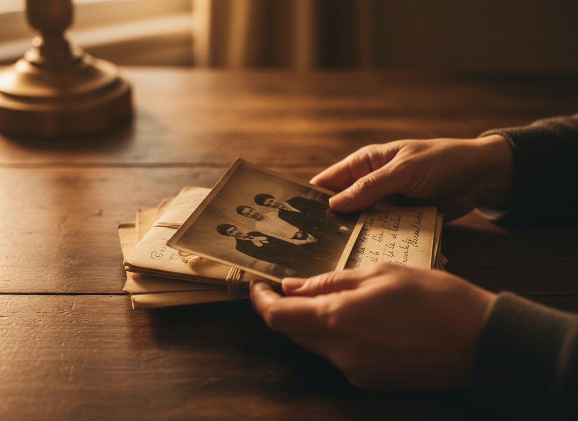 A warm, softly-lit photograph of hands holding an old family photograph and handwritten letters on a wooden table