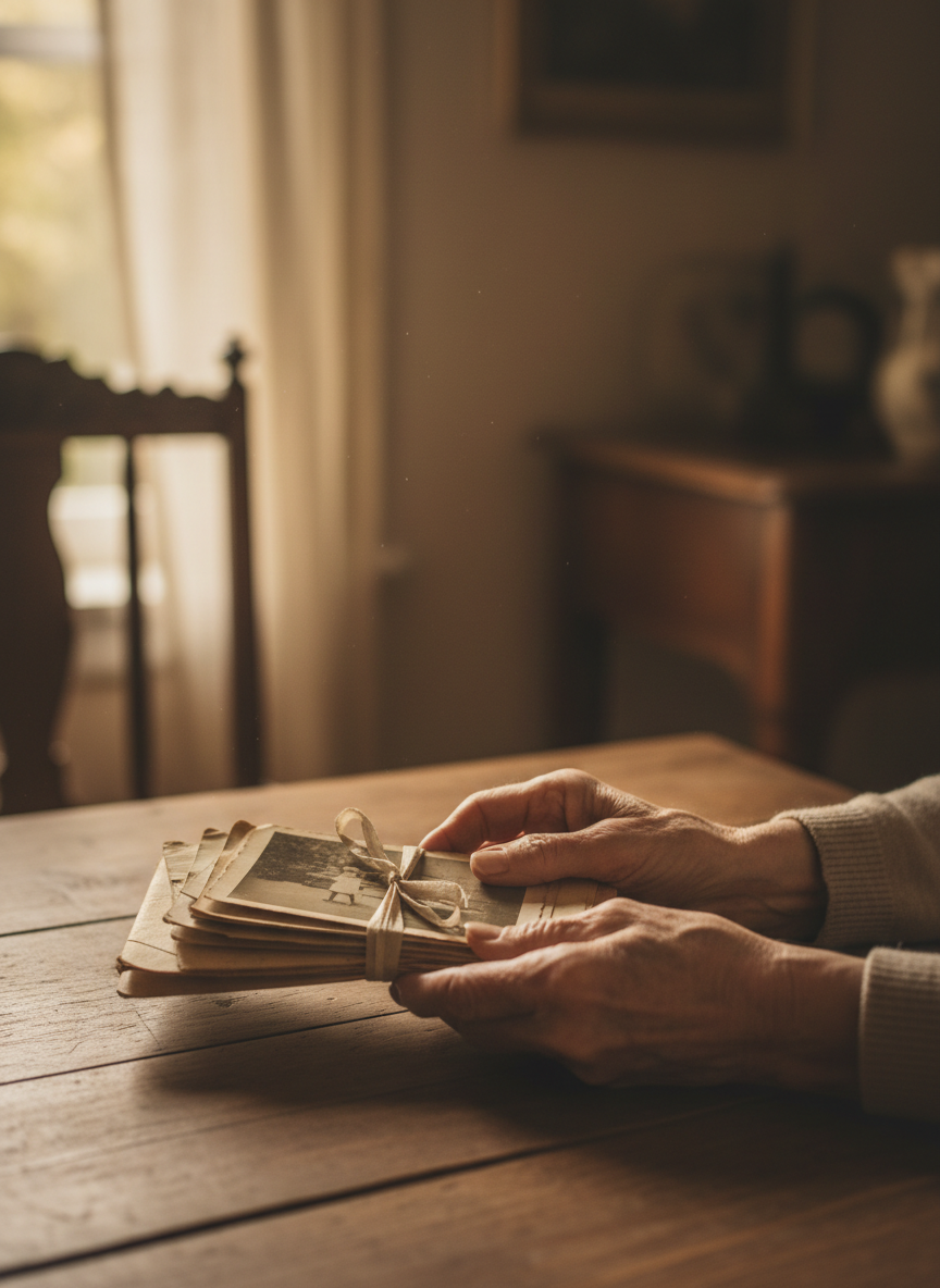 Warm intimate photograph of elderly hands holding a stack of old family photographs and letters on a wooden table, soft natural window light