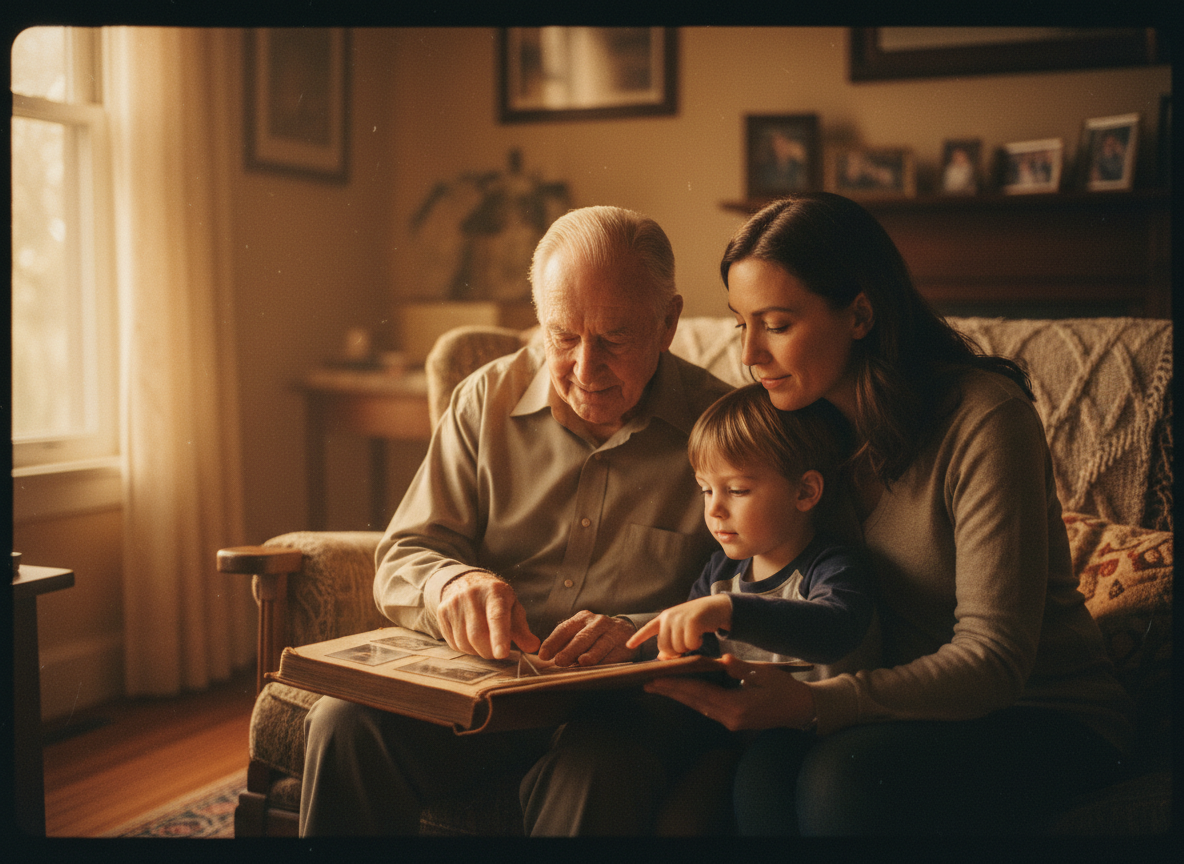Cinematic warm-toned photograph of three generations of a family together in soft golden light — grandparent, parent, and child sharing a quiet tender moment, looking through an old photo album.