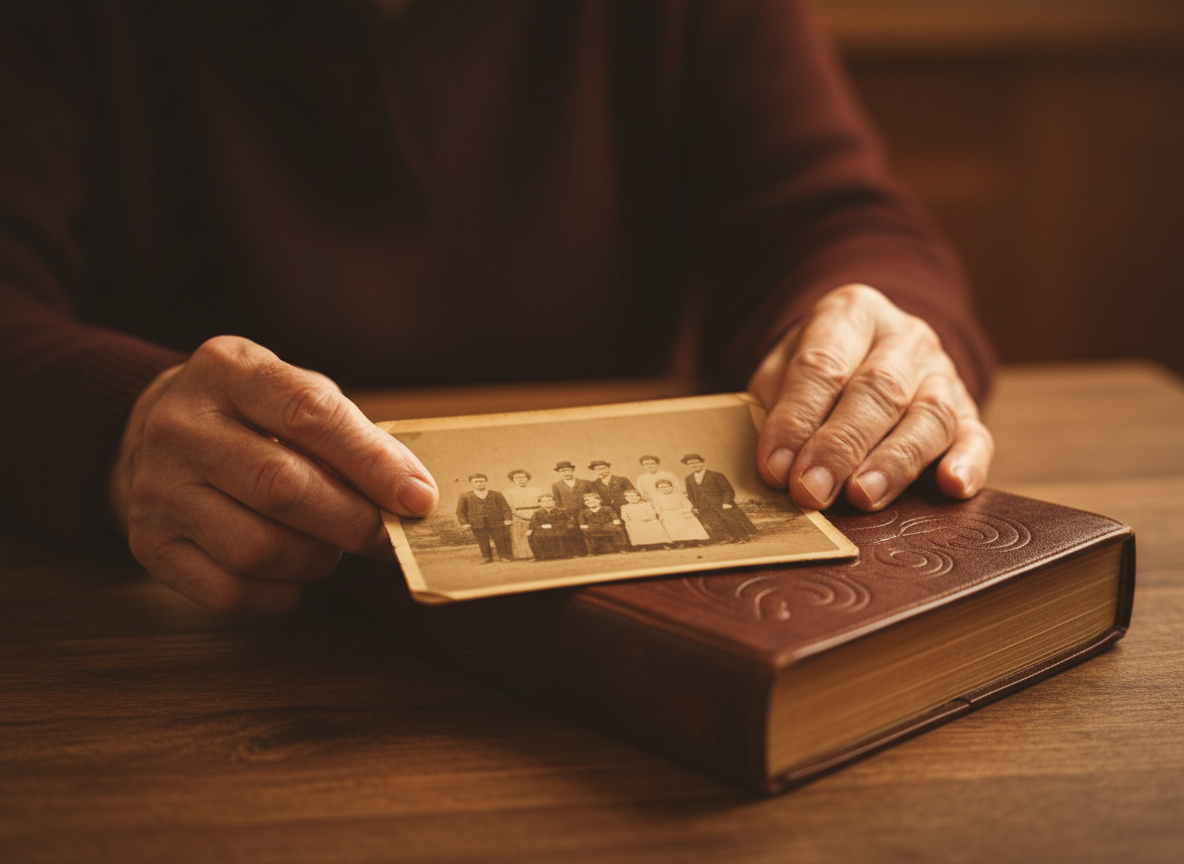 A warm, sophisticated close-up of an elderly person's hands gently holding an old family photograph and a leather-bound journal on a wooden table