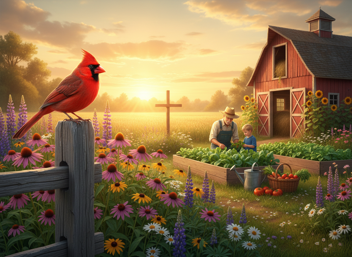 A red cardinal perched on a wooden fence post beside a wildflower garden, with a grandfather and grandson gardening, a barn, and a cross in a sunlit field in the background